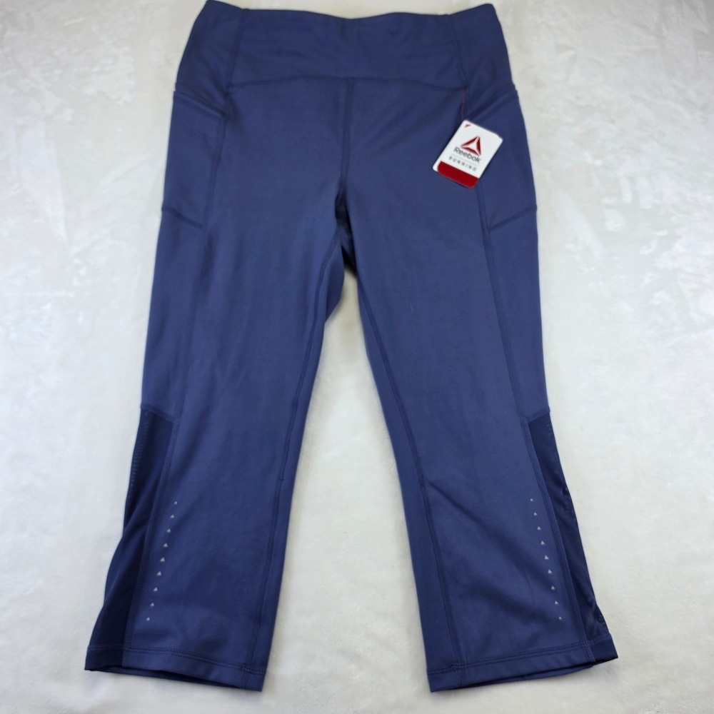 Reebok Skinny Capri High Rise Women L Blue NEW Moisture Management Mesh Reflect